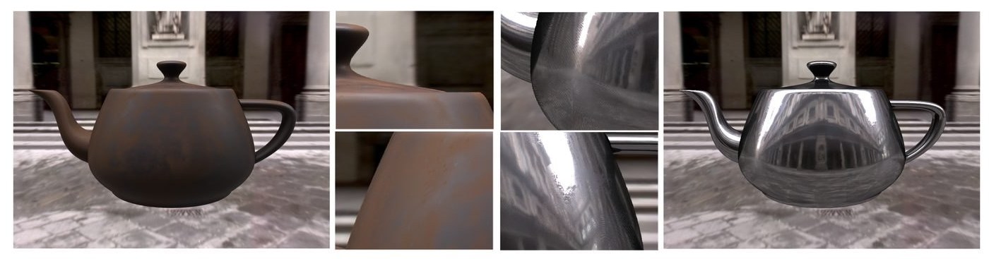 A teapot rendered under two measured reflectance models, with detail crops